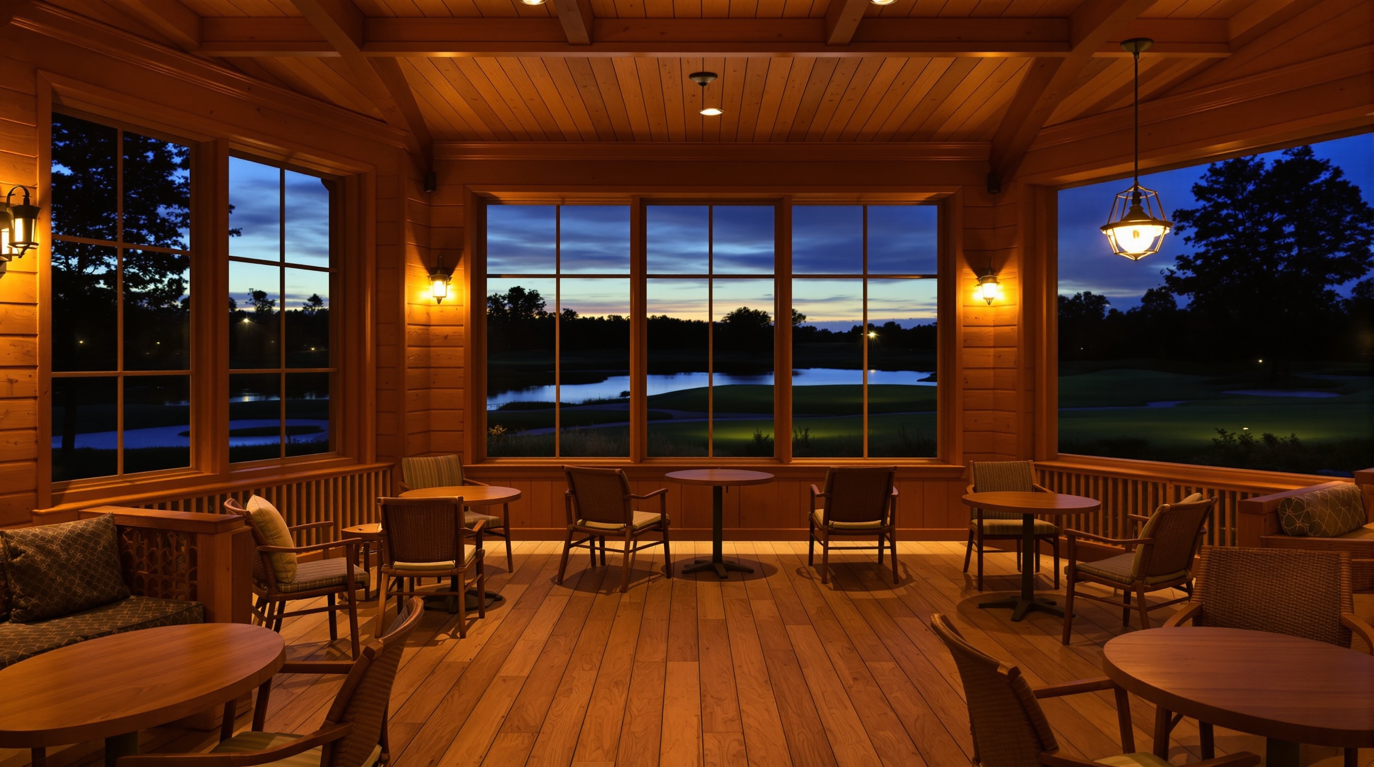 A warm clubhouse grill overlooking the course at evening