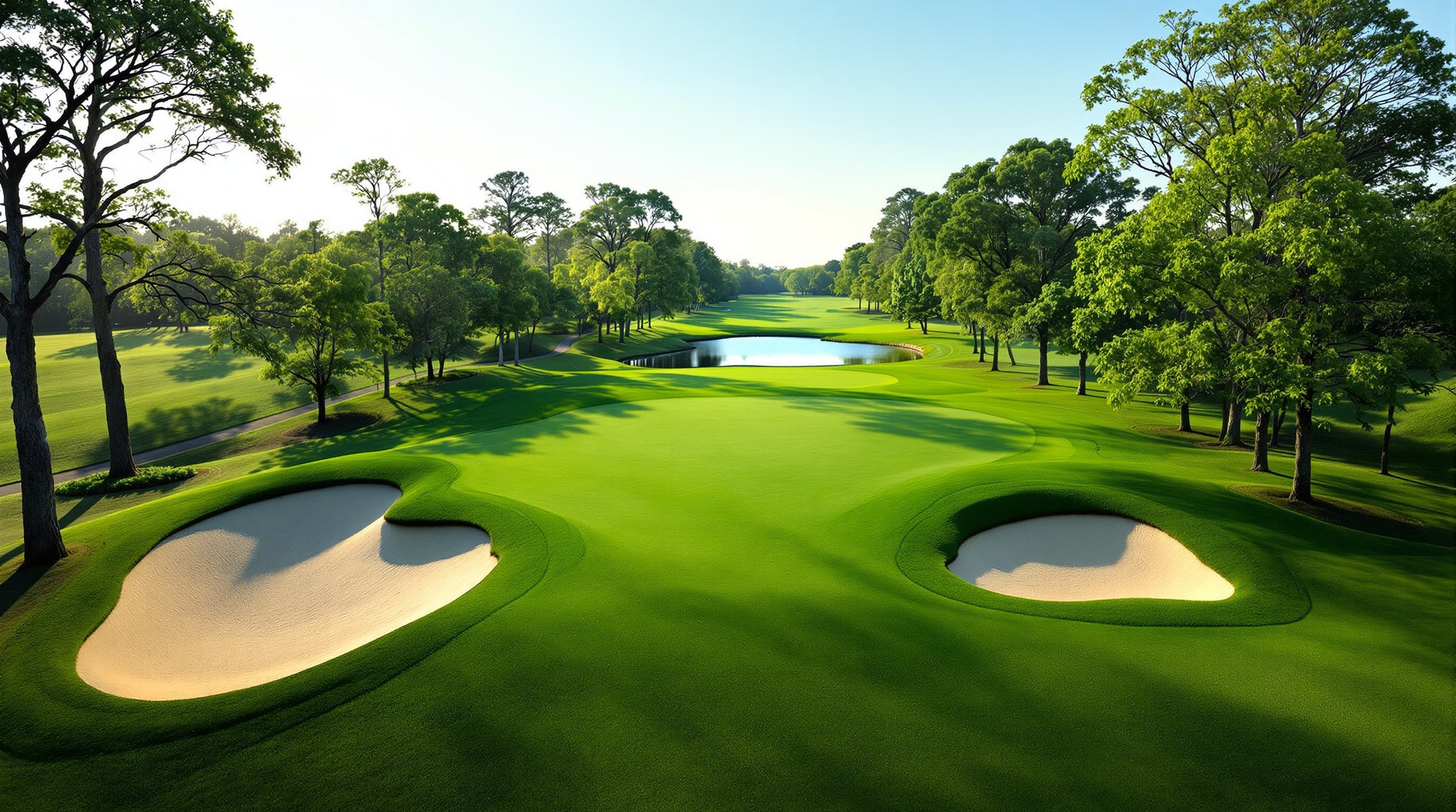 View from an elevated Fazio tee down a bunkered, rolling fairway