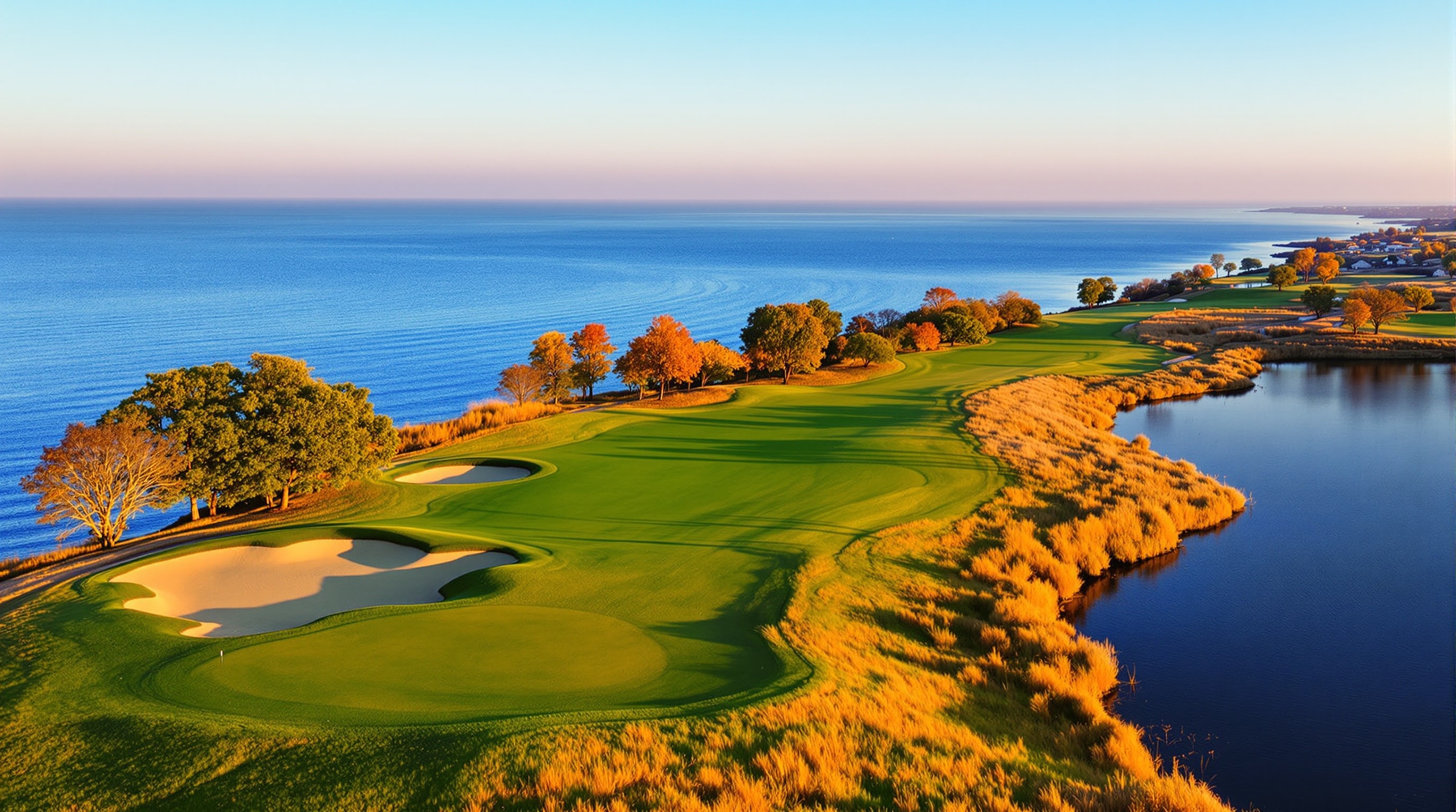 Links-style golf fairway curving toward Lake Erie at golden hour