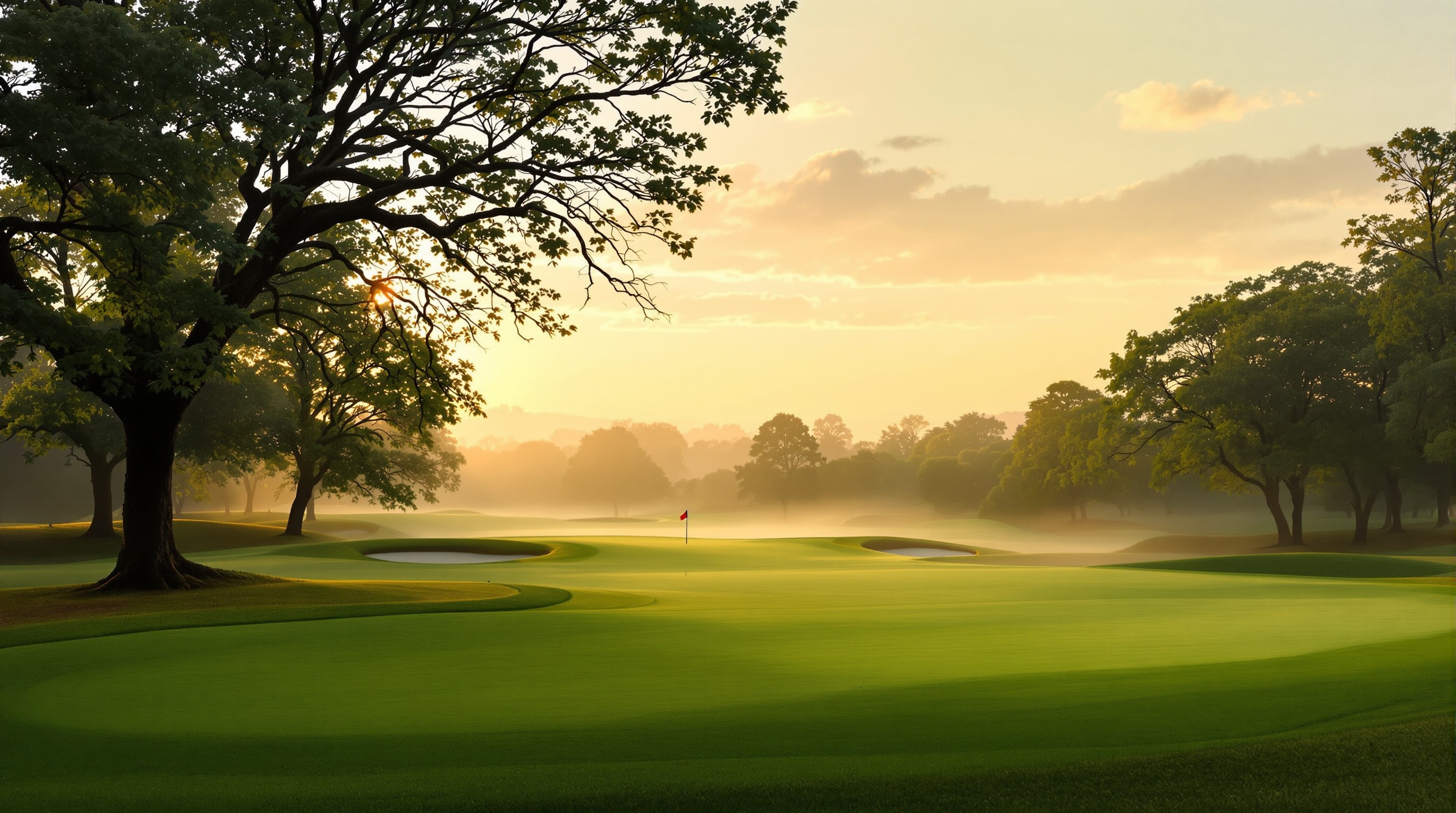 Morning mist over a classic fairway at dawn