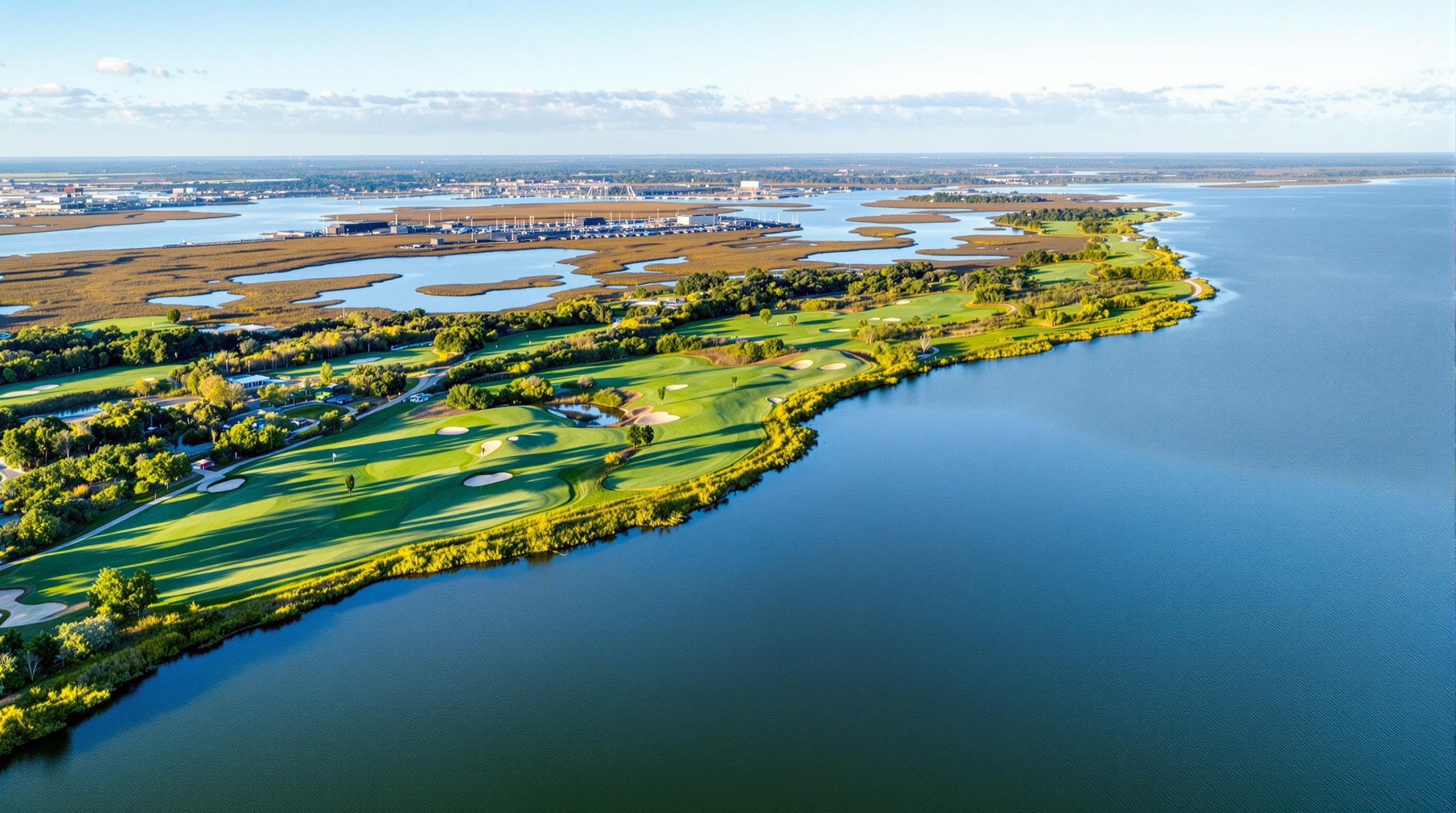 Aerial of a lakeside golf course beside Lake Erie and a marsh preserve