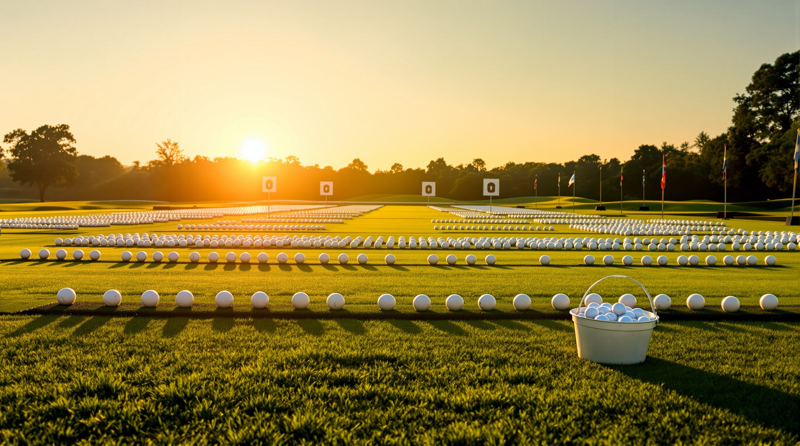 A golf practice range at golden hour with target flags