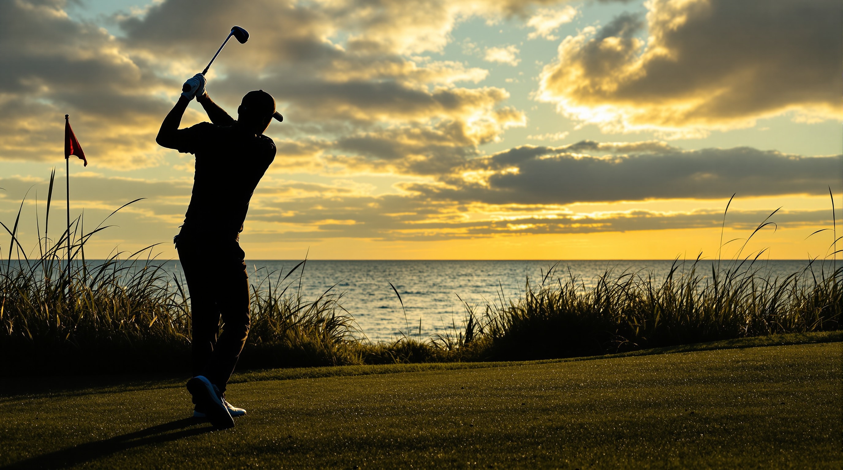 A golfer hitting a low shot into the wind beside the lake