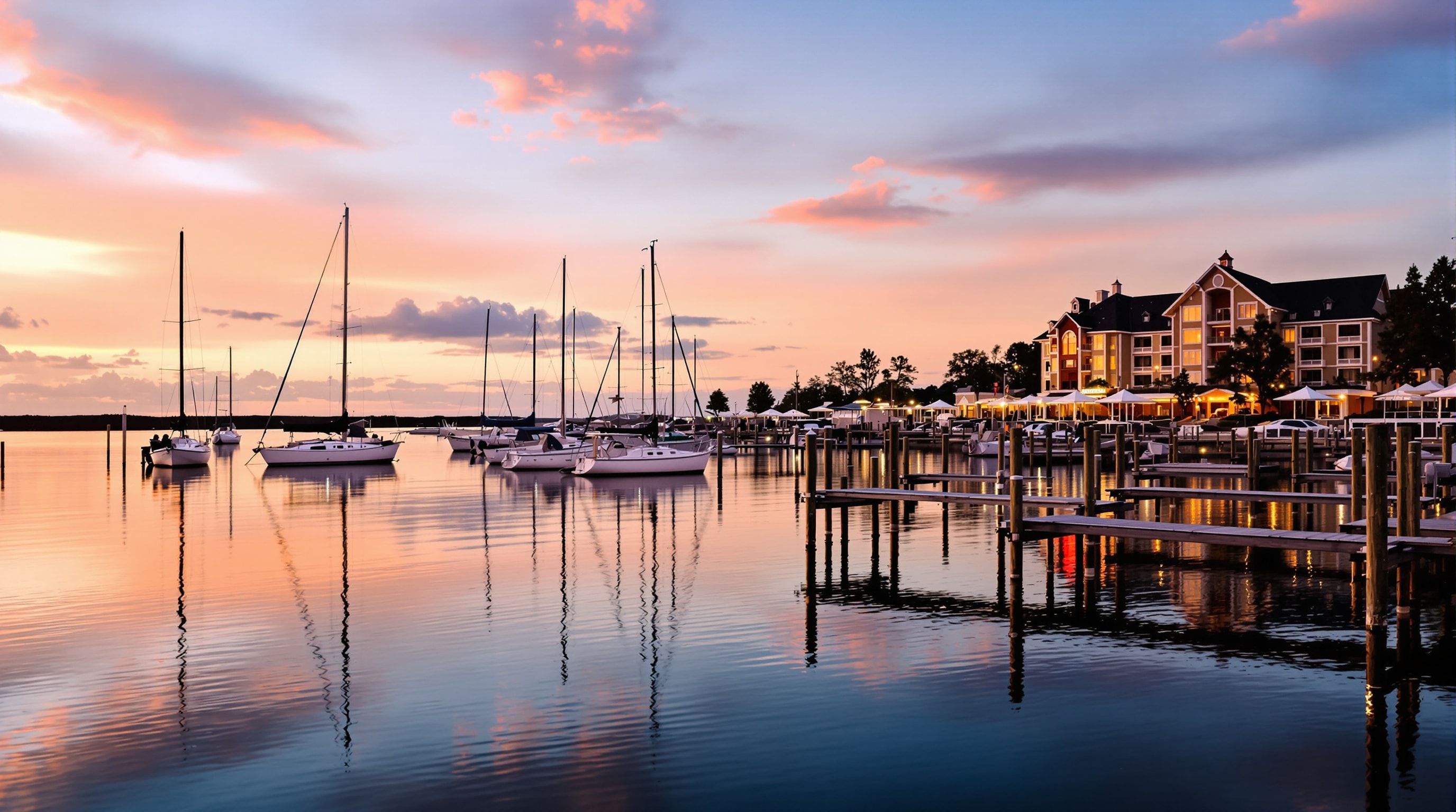 A Lake Erie marina at dusk near Sandusky